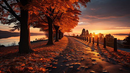 Amazing autumn landscape: a panoramic view of a colorful forest with golden leaves and sun rays filtering through the trees, creating a dreamy, scenic pathway in a beautiful fall park.
