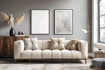 Interior design of a stylish living room with couch and drawer near the window. Frame mockup