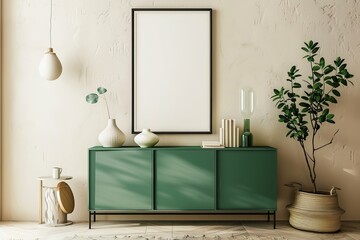 A mock-up of a modern living room interior with a drawer and art decoration