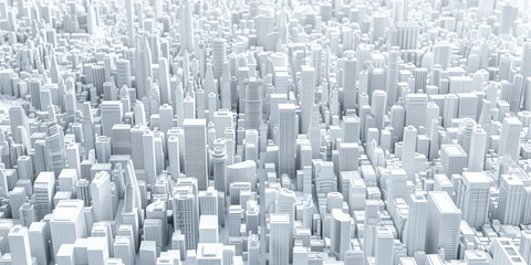 Birds Eye view of a modern city. Urban concept. White clay 3D rendering. Created with Generative AI technology.