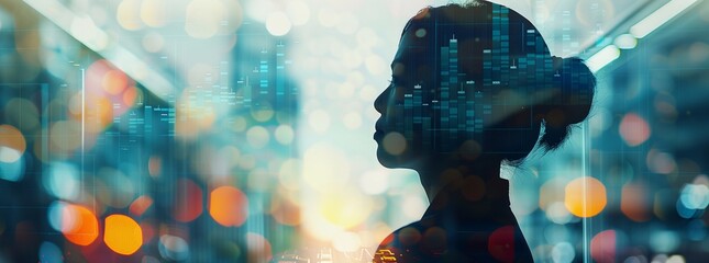A double exposure of the silhouette profile portrait and financial graphs overlaying glowing stock market data, with a futuristic urban cityscape background. A conceptual business idea concept.