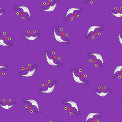 Alice in Wonderland seamless pattern. Cheshire cat smile on a purple background