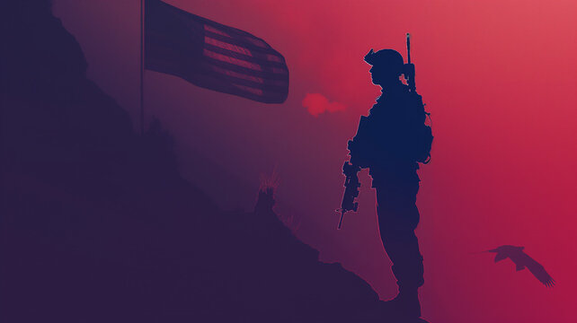 Bald Eagle and US Flag with US Soldier on Abstract 4th of July Background