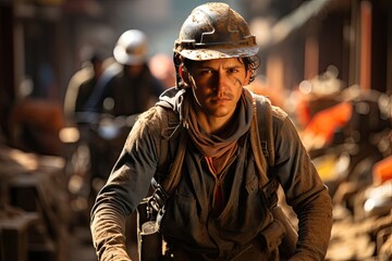 Worker carrying bricks for construction., generative IA