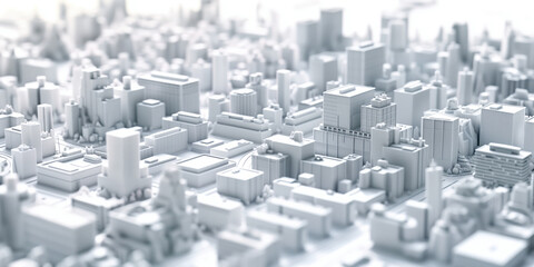 Birds Eye view of a modern city. Urban concept. White clay 3D rendering. Created with Generative AI technology.