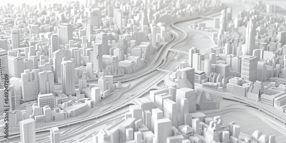 Poster birds eye view of a modern city. urban concept. white clay 3d rendering. created with generative ai 