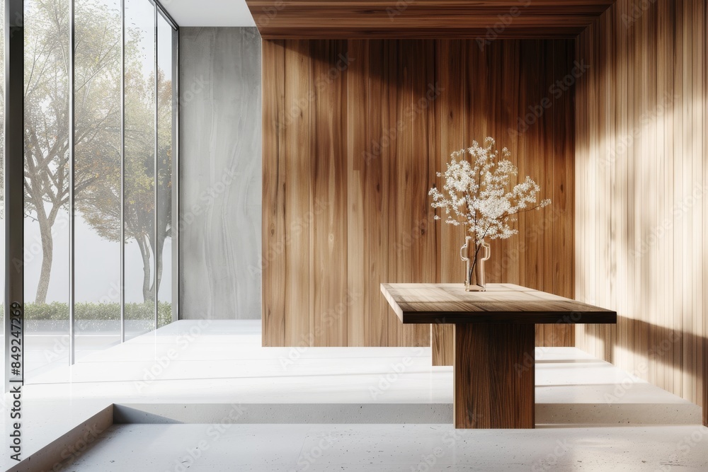 Wall mural Design furniture in a modern dining room with wooden elements and a white backdrop. 3D rendering.