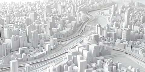 Birds Eye view of a modern city. Urban concept. White clay 3D rendering. Created with Generative AI technology.