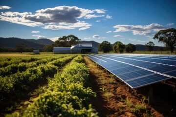 Solar panels feed rural houses under blue sky., generative IA