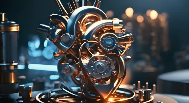 Futuristic anatomical heart machine with pressure gauge and exhaust pipe