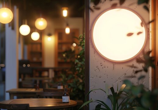 A circular signboard attached to the exterior of a building for mockup. Blurry street background. Concept of branding identity. Stock algorithm.