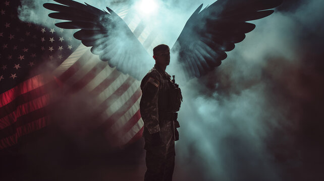 Abstract 4th of July Background with US Soldier Silhouette and Eagle's Wings - Powered by Adobe