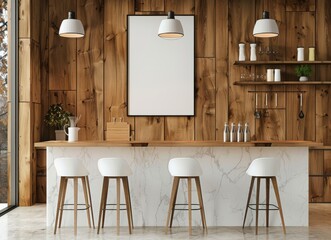 The interior of a stylish home kitchen with space for cooking, a bar island, and a workstation. Mockup frame seen here.