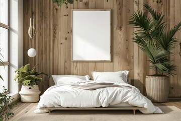 The interior of a wooden bedroom with a bed and nightstand, decorated with decor. Mockup frame of this room.
