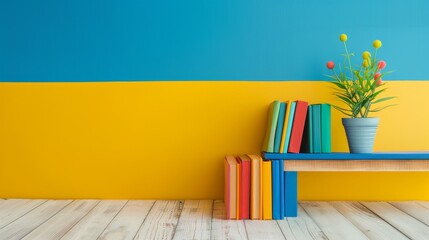 Colorful books and plant pot against a bold background.