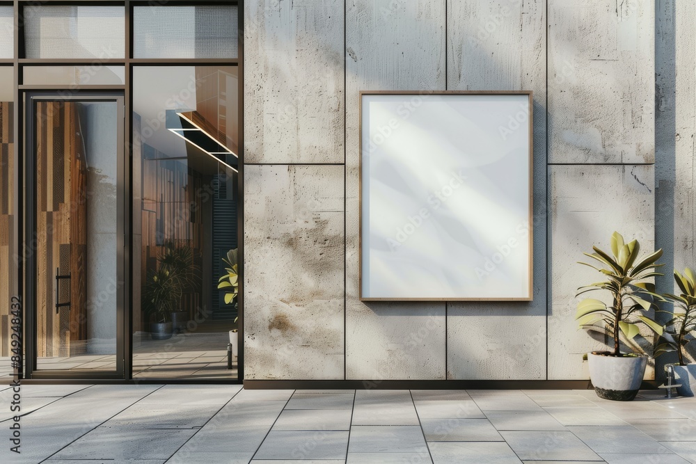 Poster the image is a mockup of an empty billboard on a modern building facade with a clear sky background,
