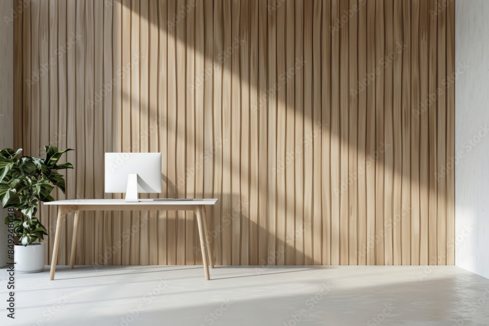 Poster table and computer on parquet floor in a workspace.