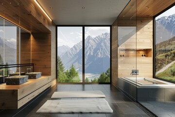 Fototapeta premium An interior bathroom in a hotel with a double sink and a panoramic window features a stylish design