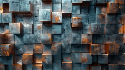 Abstract background of rusty metal cubes in blue and brown tones.