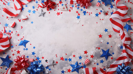Flatlay of US Flags and Star Decorations: 4th of July Abstract Background
