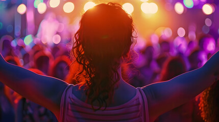 A woman stands confidently in front of a diverse crowd at a lively concert event