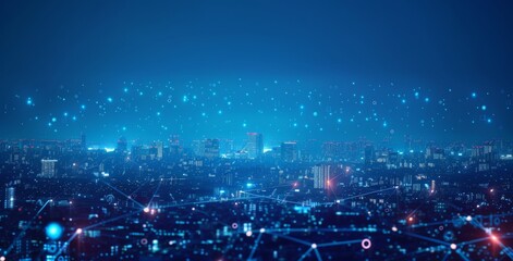 Fototapeta premium Cityscape of Bangkok at night with holographic people icons