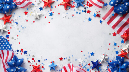 4th of July Abstract Background: Flatlay of US Flags and Star Decorations
