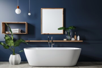 The bathroom is designed with a blank poster, freestanding tub, and wooden shelves on a dark textured background. The rendering is in 3D.