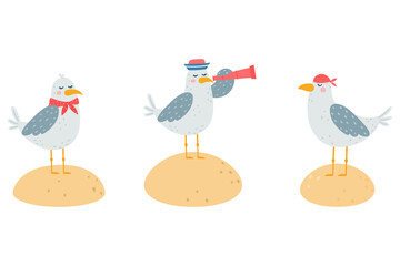 Funny seagull characters vector illustration. Simple cartoon style.