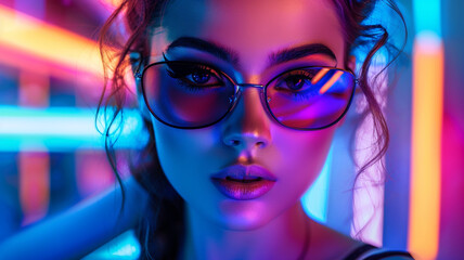 Fototapeta premium High Fashion model woman in colorful bright lights posing in studio, portrait of beautiful girl with trendy make-up and manicure. Art design, colorful make up. Over colourful vivid background.