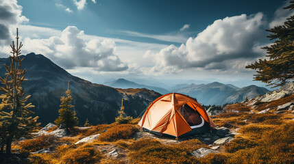 Amazing autumn camping atop a mountain: a lone orange tent nestled in a forest of red dwarf birch bushes. Adventure and tourism concept, perfect for an outdoor voyage. Daytime view.