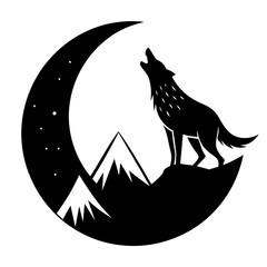 A wolf howling at a crescent moon, with a mountain backdrop  vector silhouette