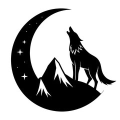 A wolf howling at a crescent moon, with a mountain backdrop  vector silhouette