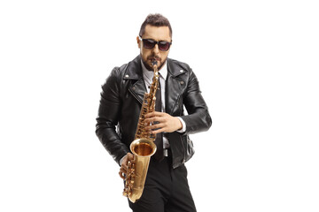 Naklejka premium Man playing a saxophone and wearing sunglasses