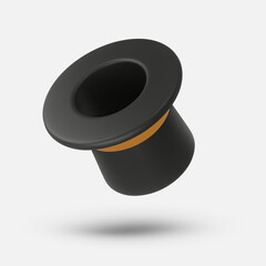 3d style illustration of a Cylinder magic hat with golden ribbon and with hole. Vintage man fashion and magic show concept. Vector art isolated on white background