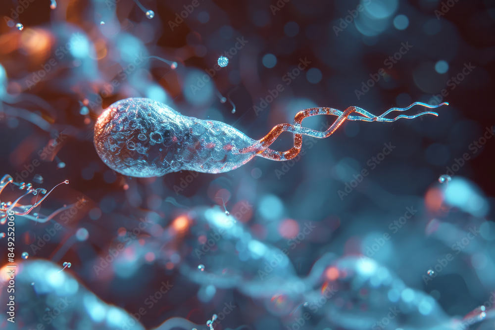 Poster close-up view of a single sperm penetrating the outer layer of an egg cell,