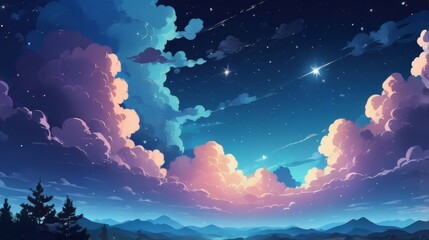 illustration of a beautiful view of mountains and sky at night with a cartoon anime concept. Seashore landscape with lighthouse. night landscape with super moon, dark forest background