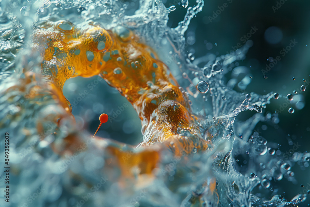 Poster close-up view of a single sperm penetrating the outer layer of an egg cell,