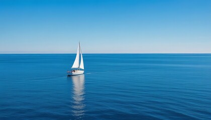 Fototapeta premium An elegant white sailboat on a calm blue ocean under a clear summer sky, creating a picturesque seascape. background for summer cruises and sea travel, symbolizing freedom and adventure