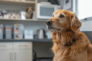 Elegant shot of a vet and a dog making eye contact in a modern, minimalist exam room,