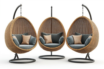 Cocoon chair isolated on white background. Soft cozy chair for home, garden and terrace. Comfortable stay. chair with pillow isolated on white background hanging