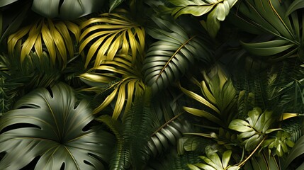 Obraz premium A vibrant array of tropical leaves and flowers background seamless pattern