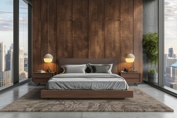 Interior of a luxurious hotel bedroom with a bed, nightstand, and panoramic window