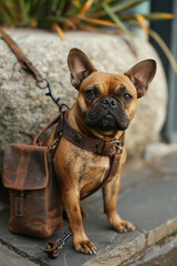 Fototapeta premium Simple image of a treat pouch and a leash on a minimalist backdrop,