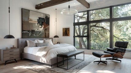 Modern Minimalist Bedroom with Herringbone White Oak Flooring, Large Windows, Queen Bed with Grey Headboard, Black Accent Chair, Pendant Lights, and Abstract Art.