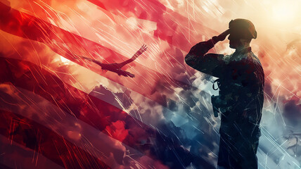 Vintage Soldier Saluting with Bald Eagle and US Flag, Patriotic 4th July Celebration in US Flag Themed Background