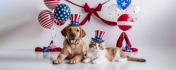 Patriotic Pet Celebration: Persian cat and labrador with top hats in US Independence Day themed studio. Concept for 4th of July. Wide sight.