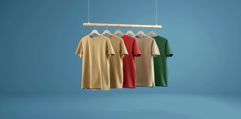 An illustration of colorful shirts on wooden hangers against a blue background, suggesting shopping or clothing displays.