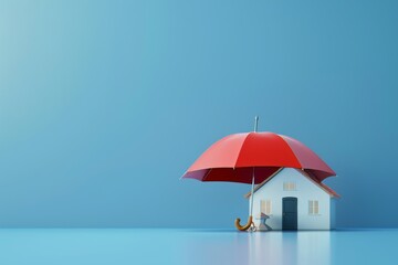 An umbrella covers a blue house, representing home insurance and protection. Stock AI concept.