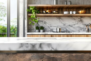 Mock up table with stones on an interior kitchen background with accessories